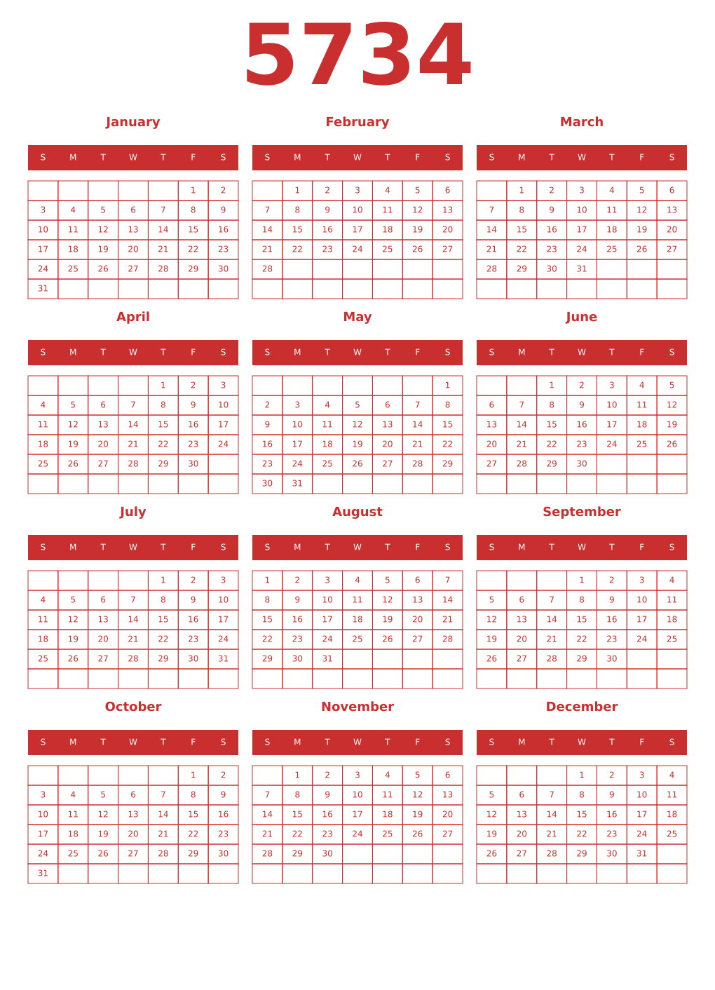 Printable 5734 Year Calendars red