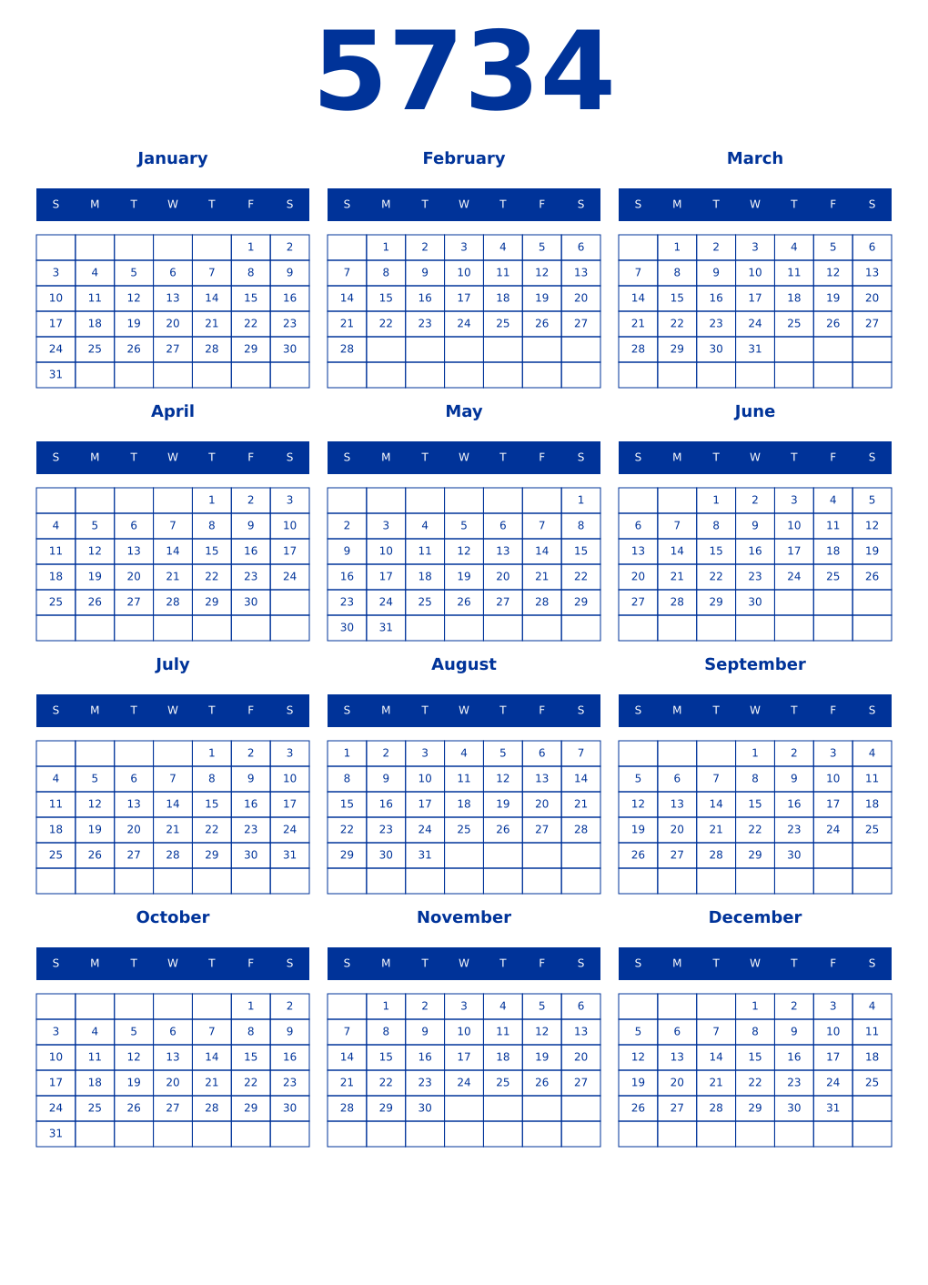 Printable 5734 Year Calendars smalt