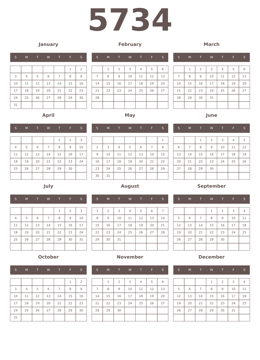 Printable 5734 Year Calendars wenge
