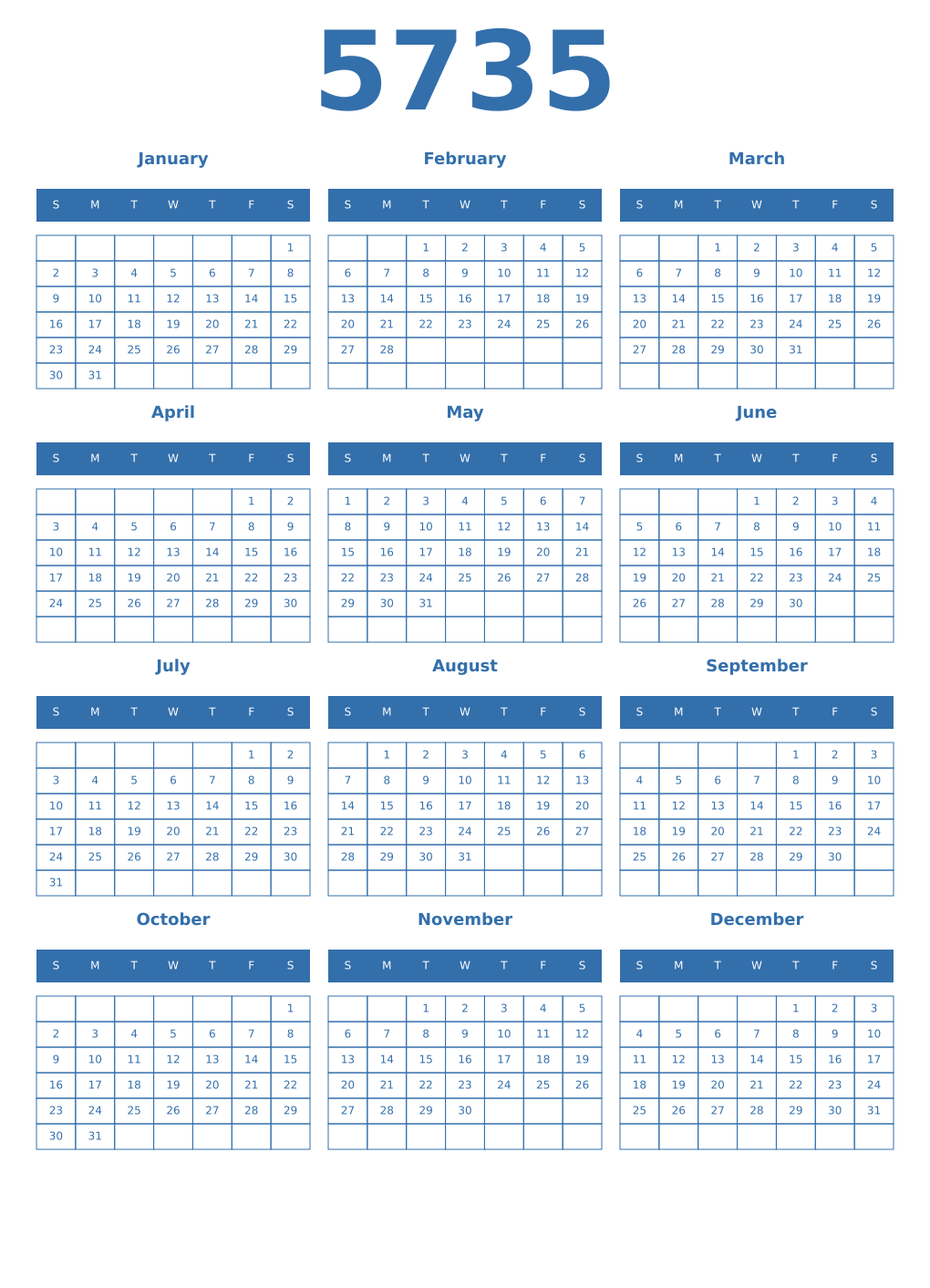 Printable 5735 Year Calendars blue