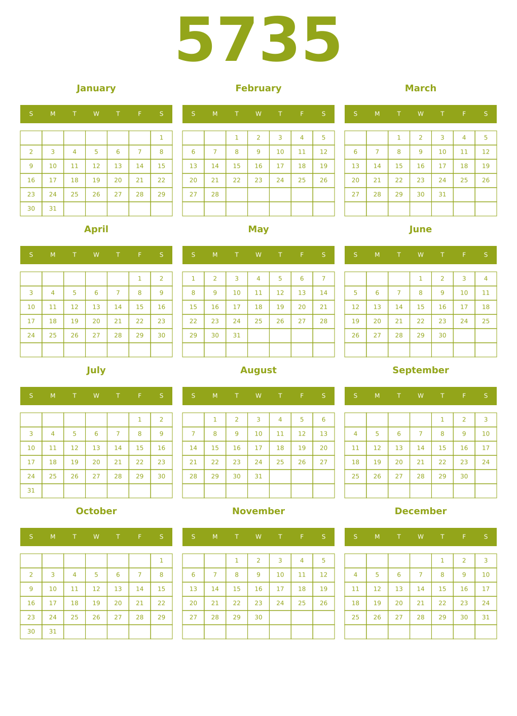 Printable 5735 Year Calendars chartreuse