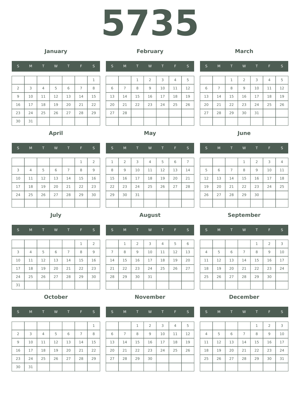 Printable 5735 Year Calendars feldgrau
