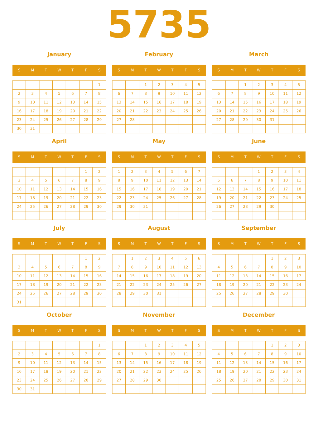 Printable 5735 Year Calendars gamboge