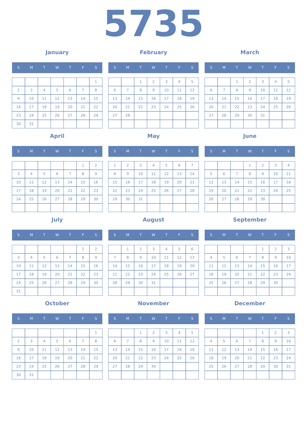 Printable 5735 Year Calendars glaucous