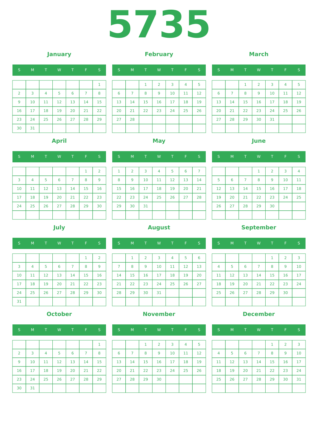 Printable 5735 Year Calendars green
