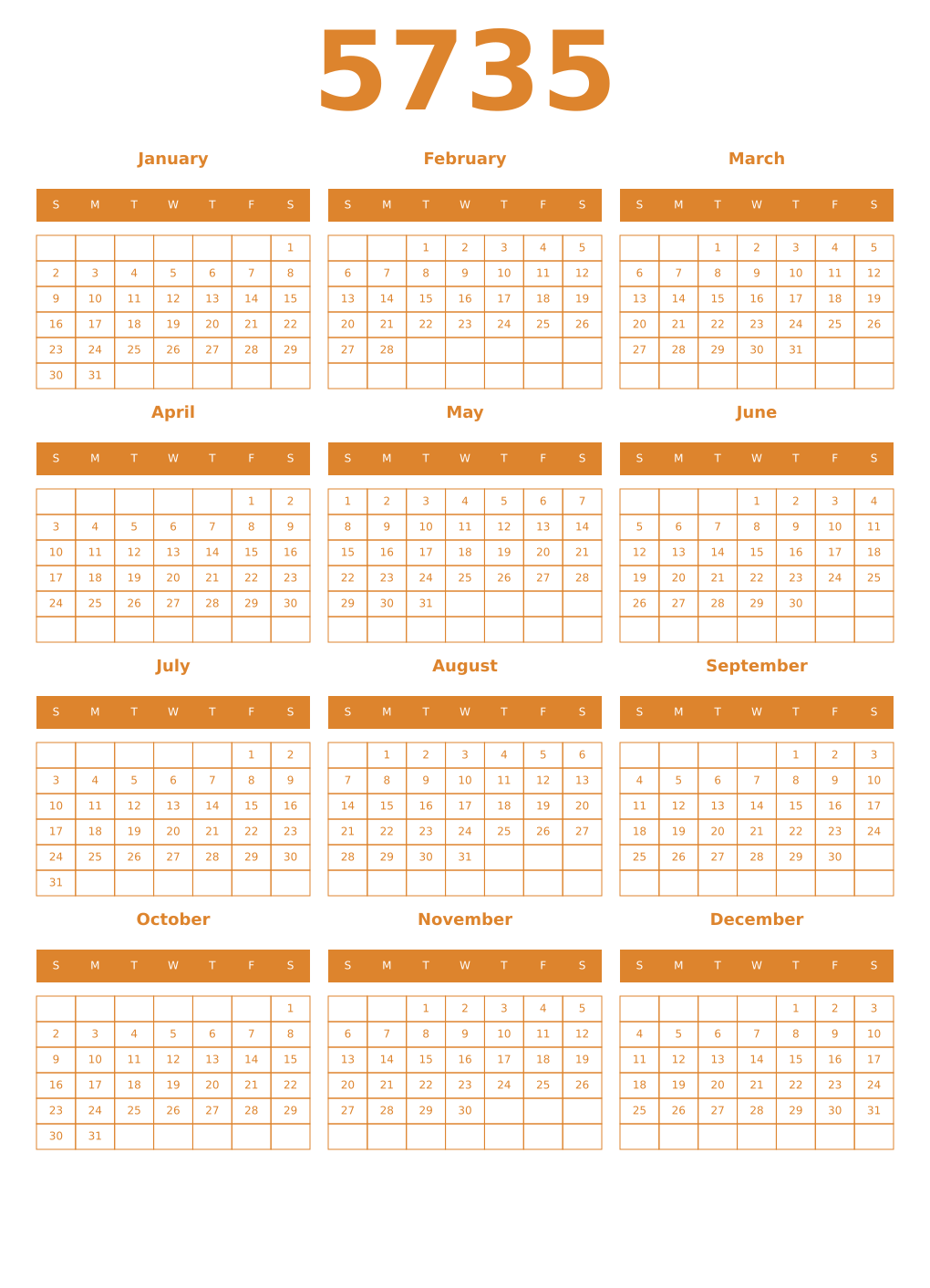 Printable 5735 Year Calendars orange