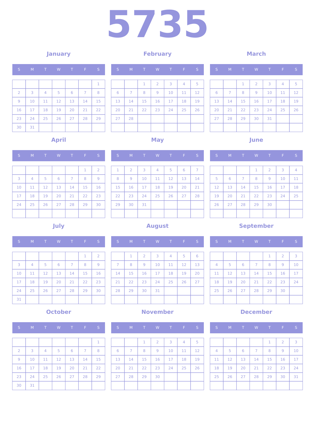 Printable 5735 Year Calendars periwinkle