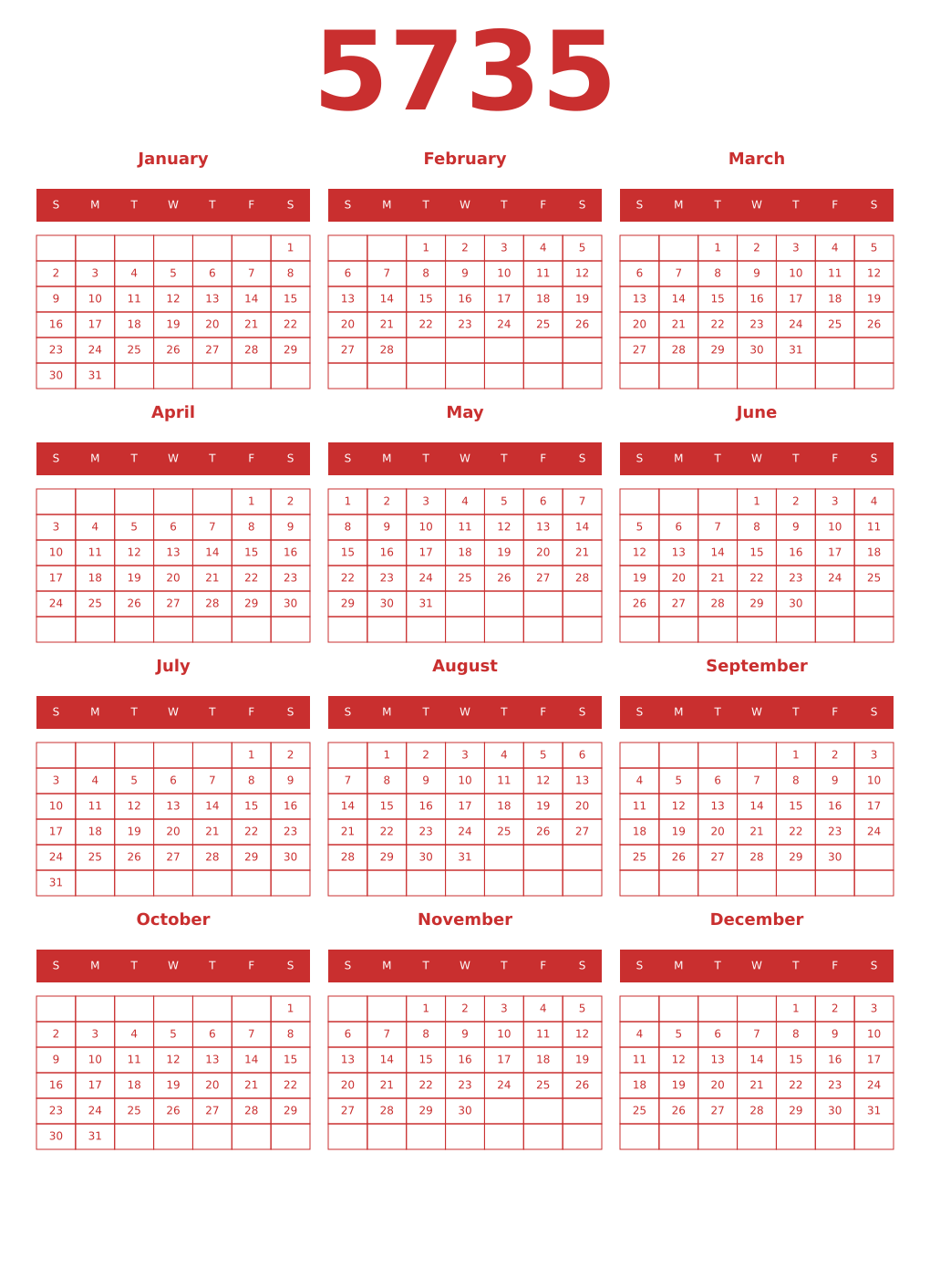 Printable 5735 Year Calendars red
