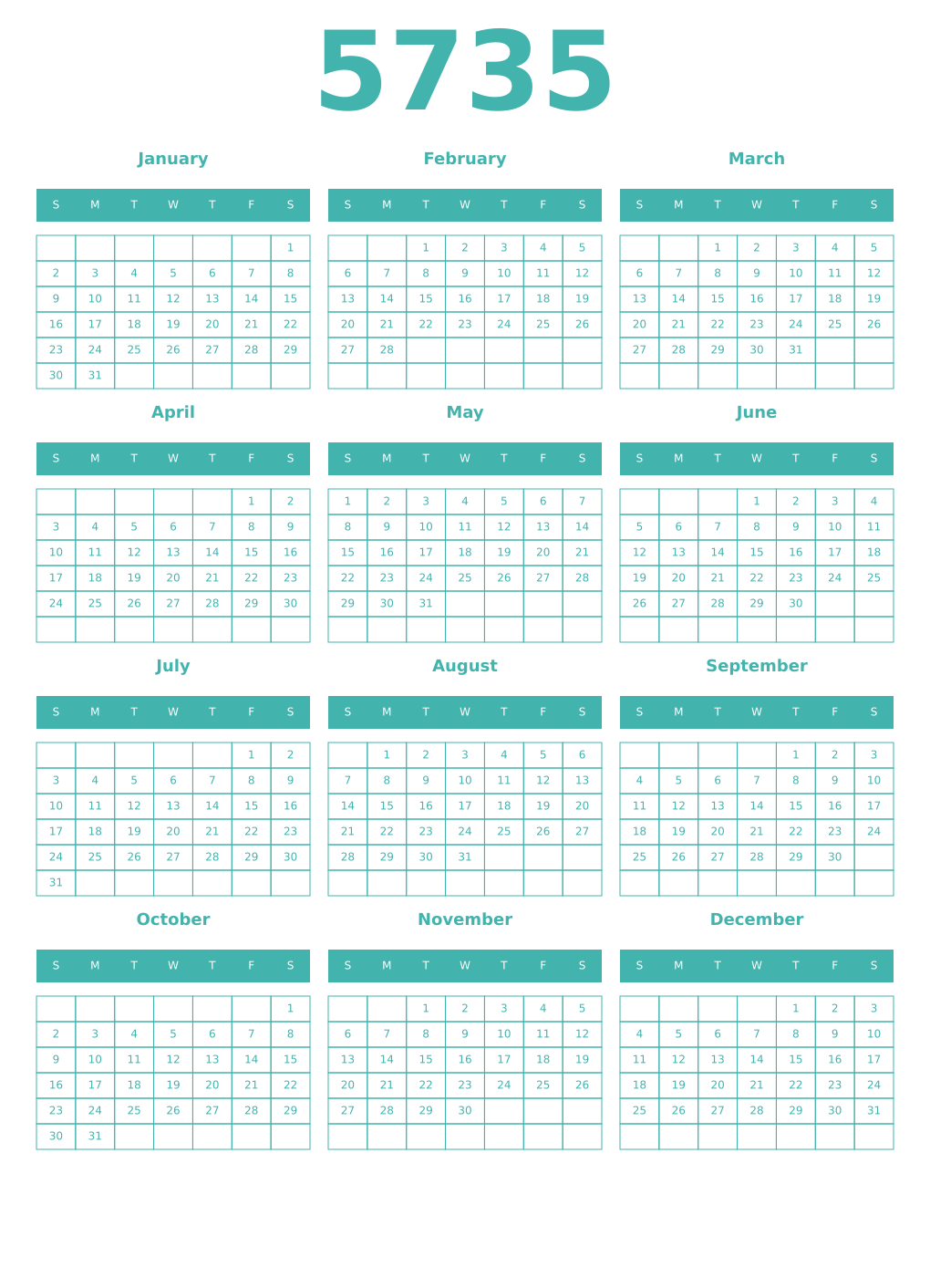 Printable 5735 Year Calendars verdigris