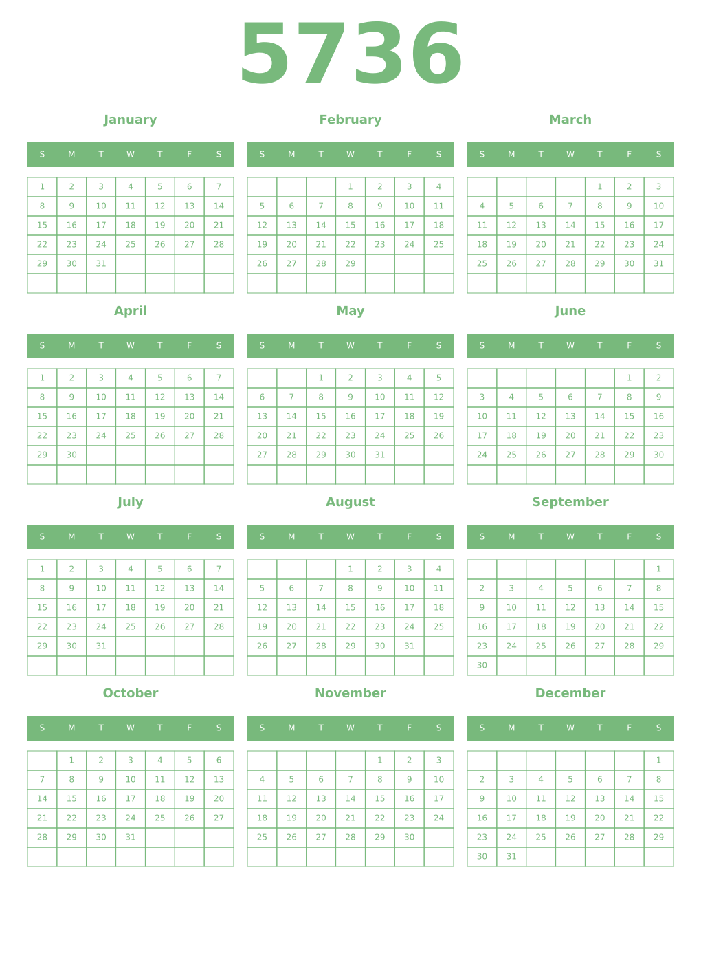 Printable 5736 Year Calendars celadon