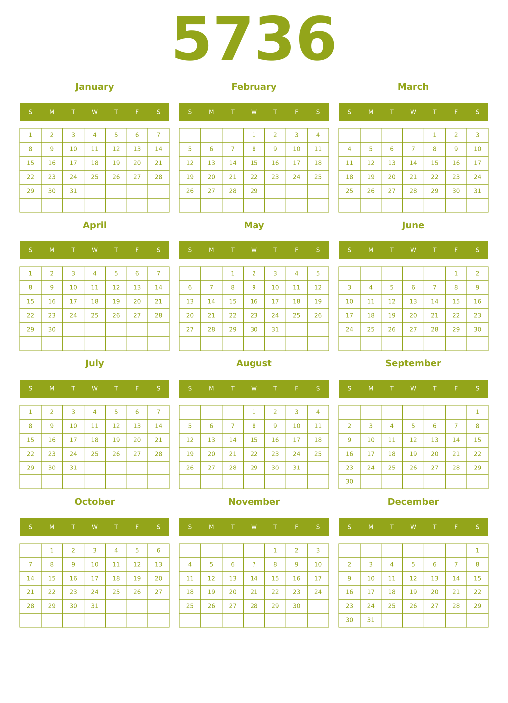 Printable 5736 Year Calendars chartreuse