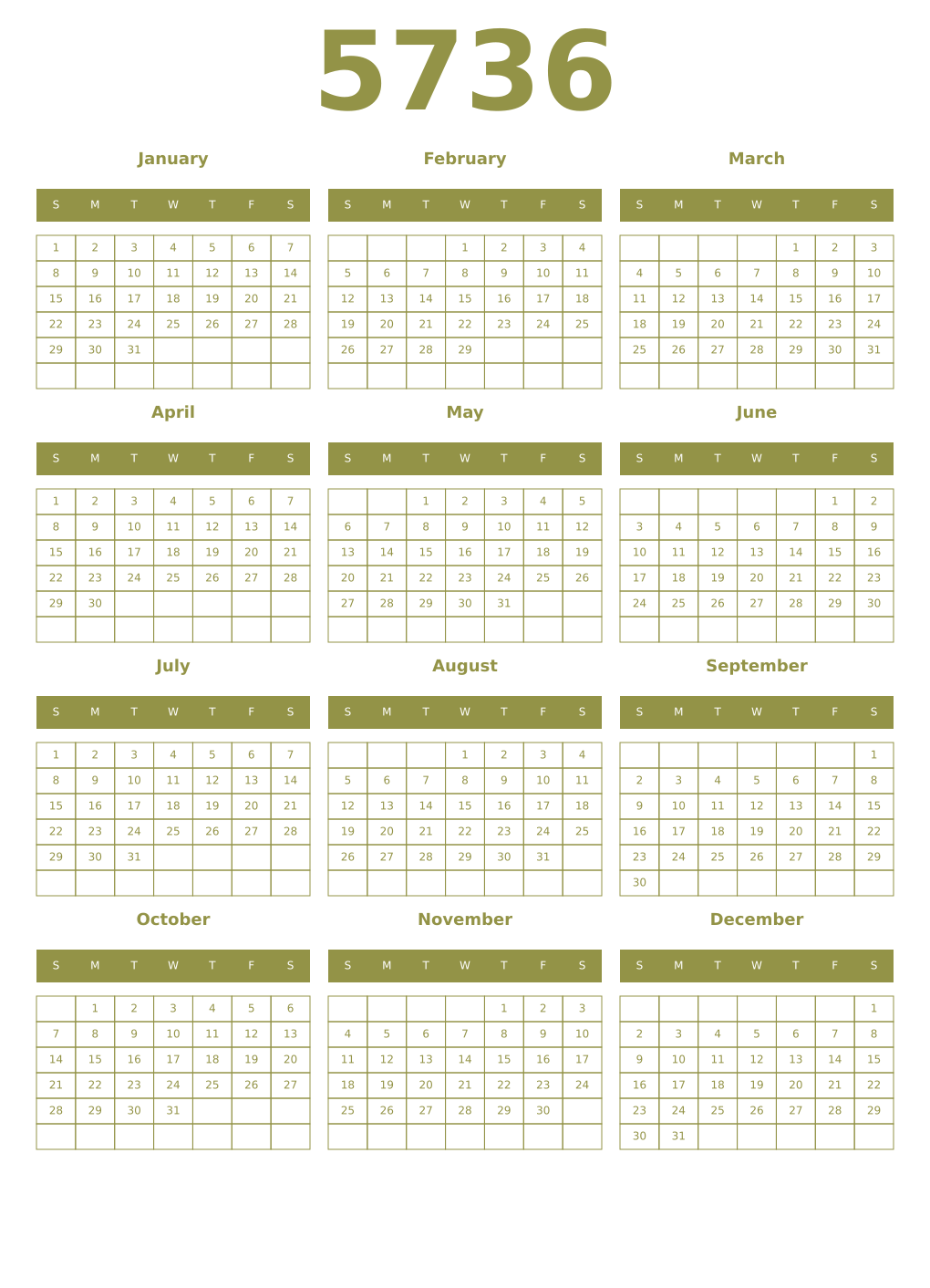 Printable 5736 Year Calendars eburnean