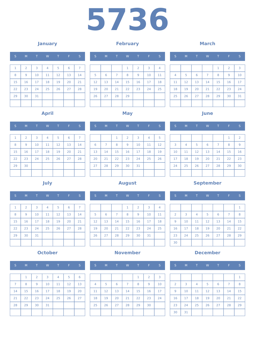 Printable 5736 Year Calendars glaucous