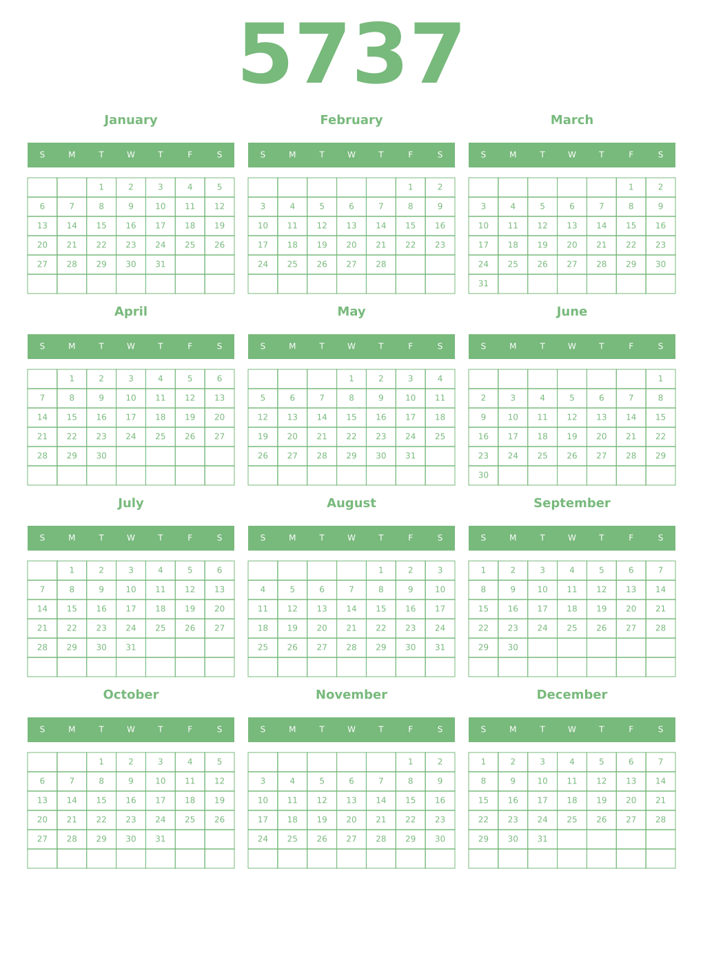 Printable 5737 Year Calendars celadon
