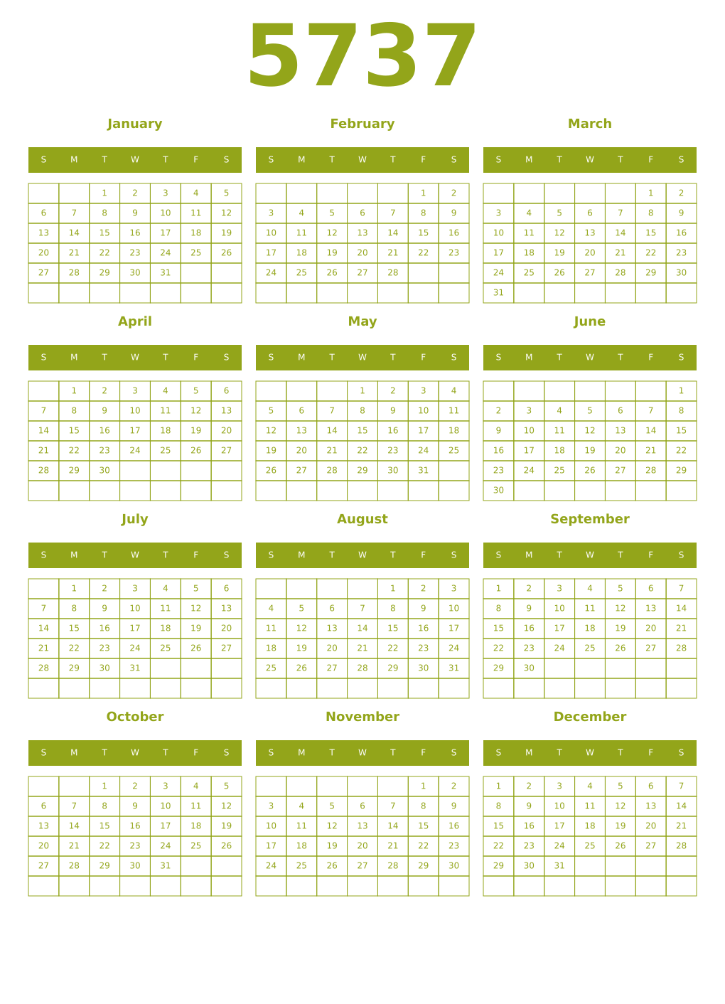 Printable 5737 Year Calendars chartreuse