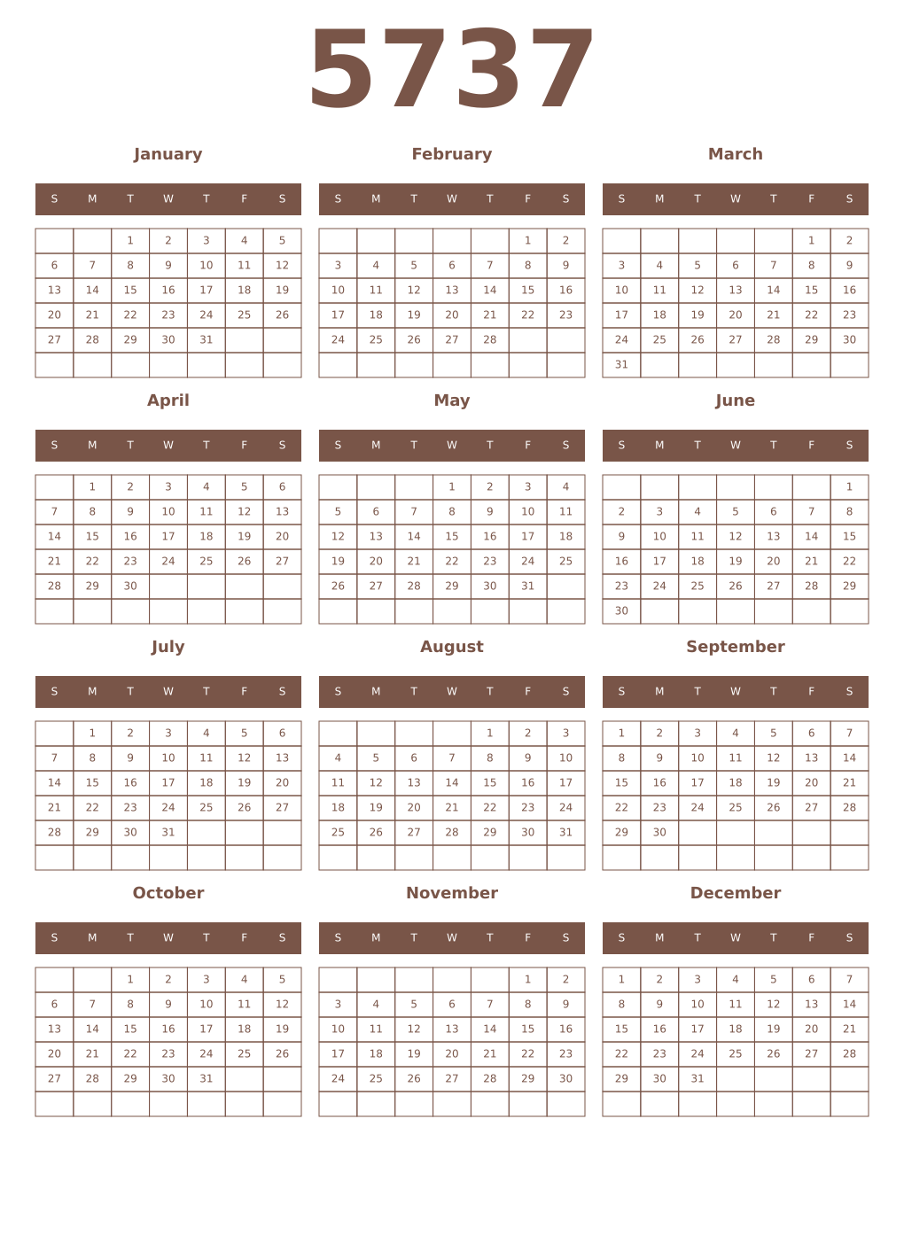 Printable 5737 Year Calendars coffe