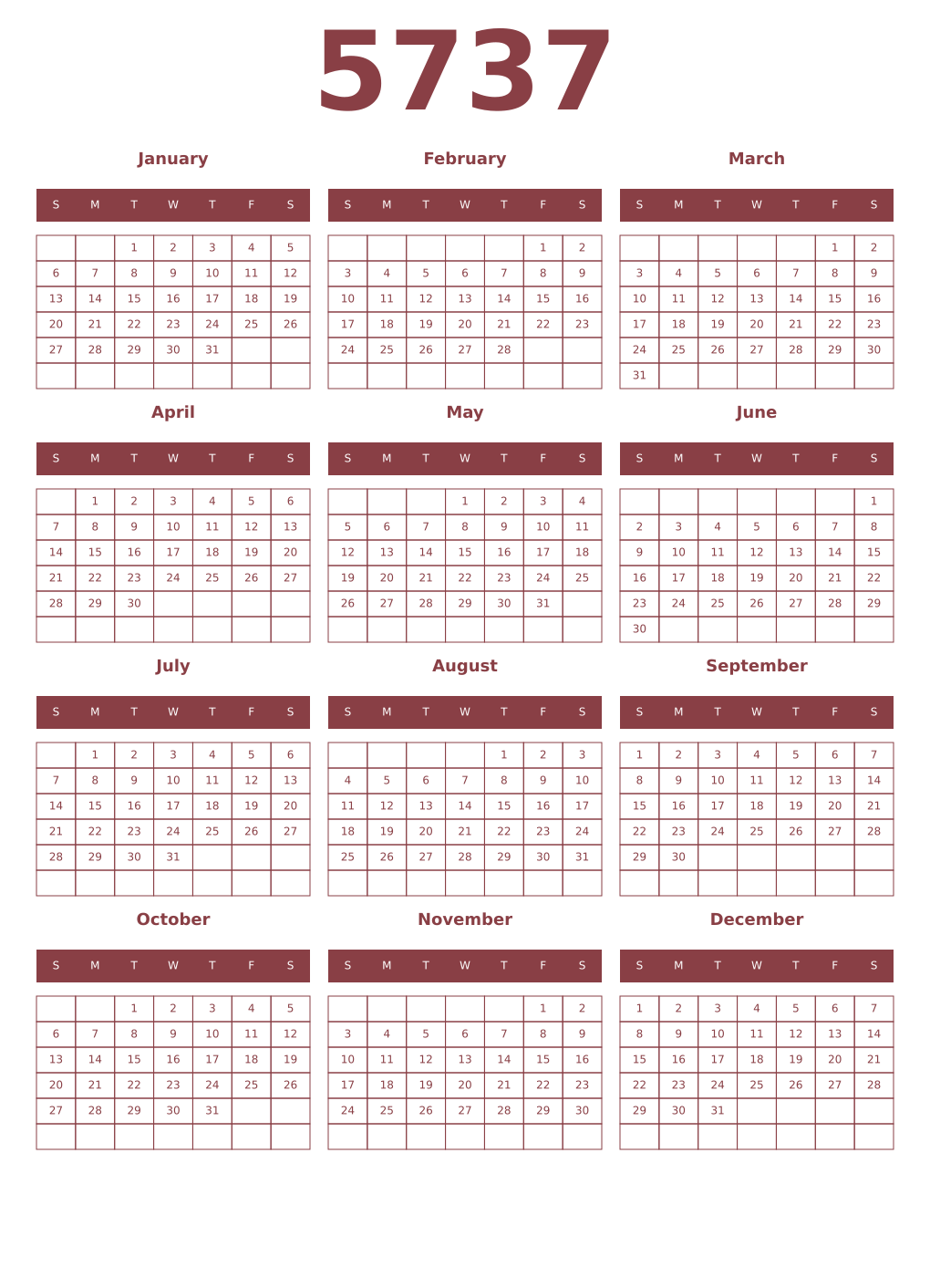 Printable 5737 Year Calendars cordovan