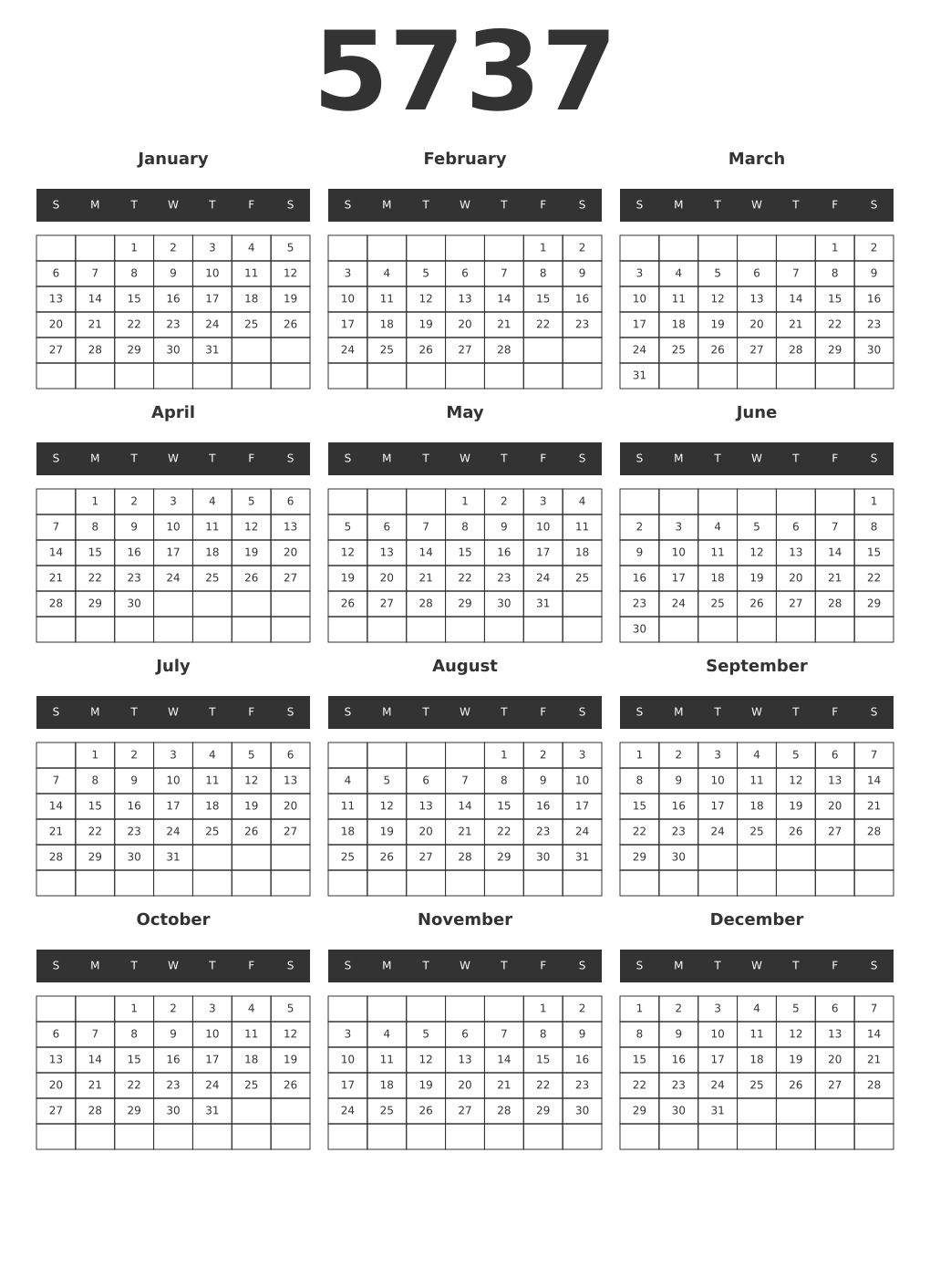 Printable 5737 Year Calendars dark