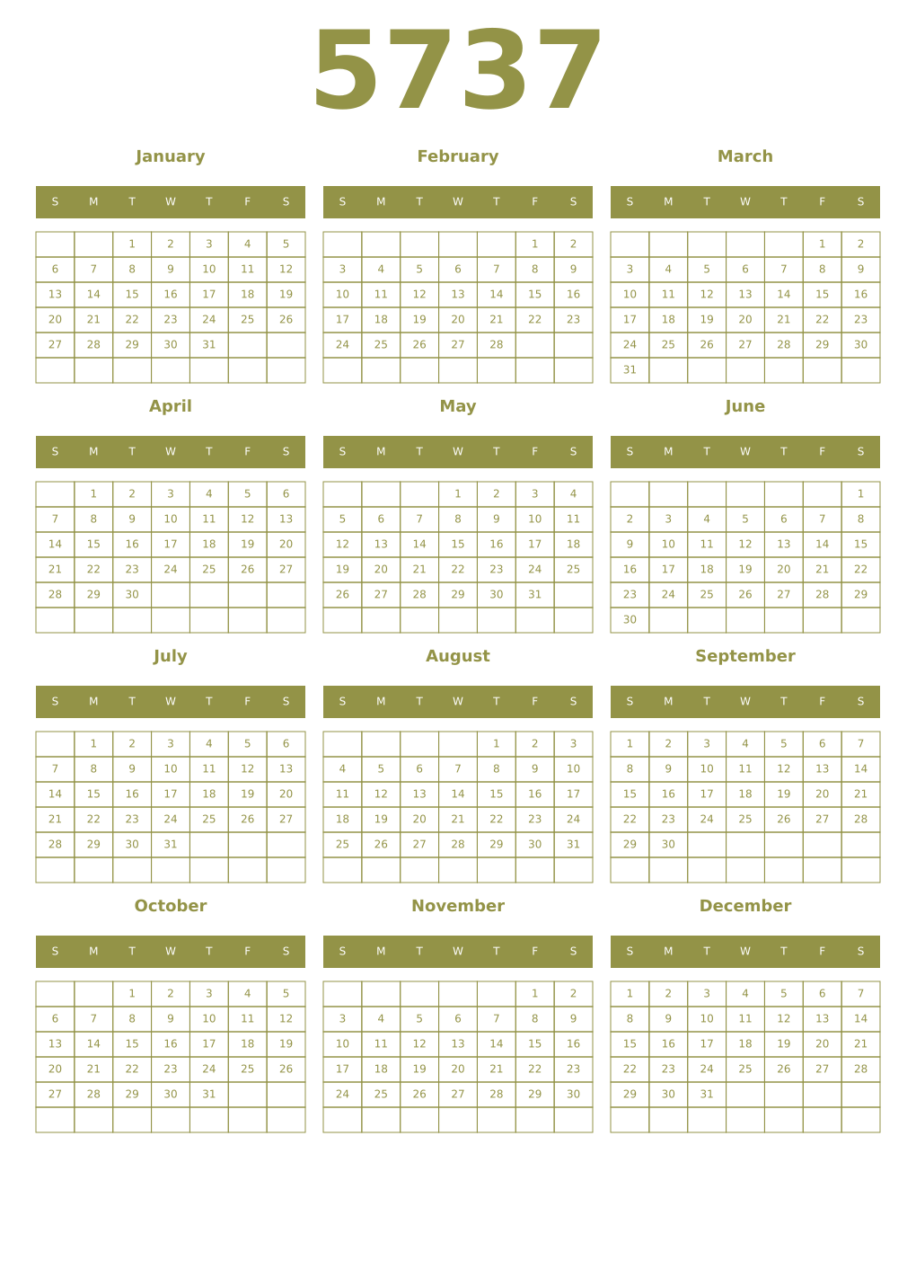 Printable 5737 Year Calendars eburnean