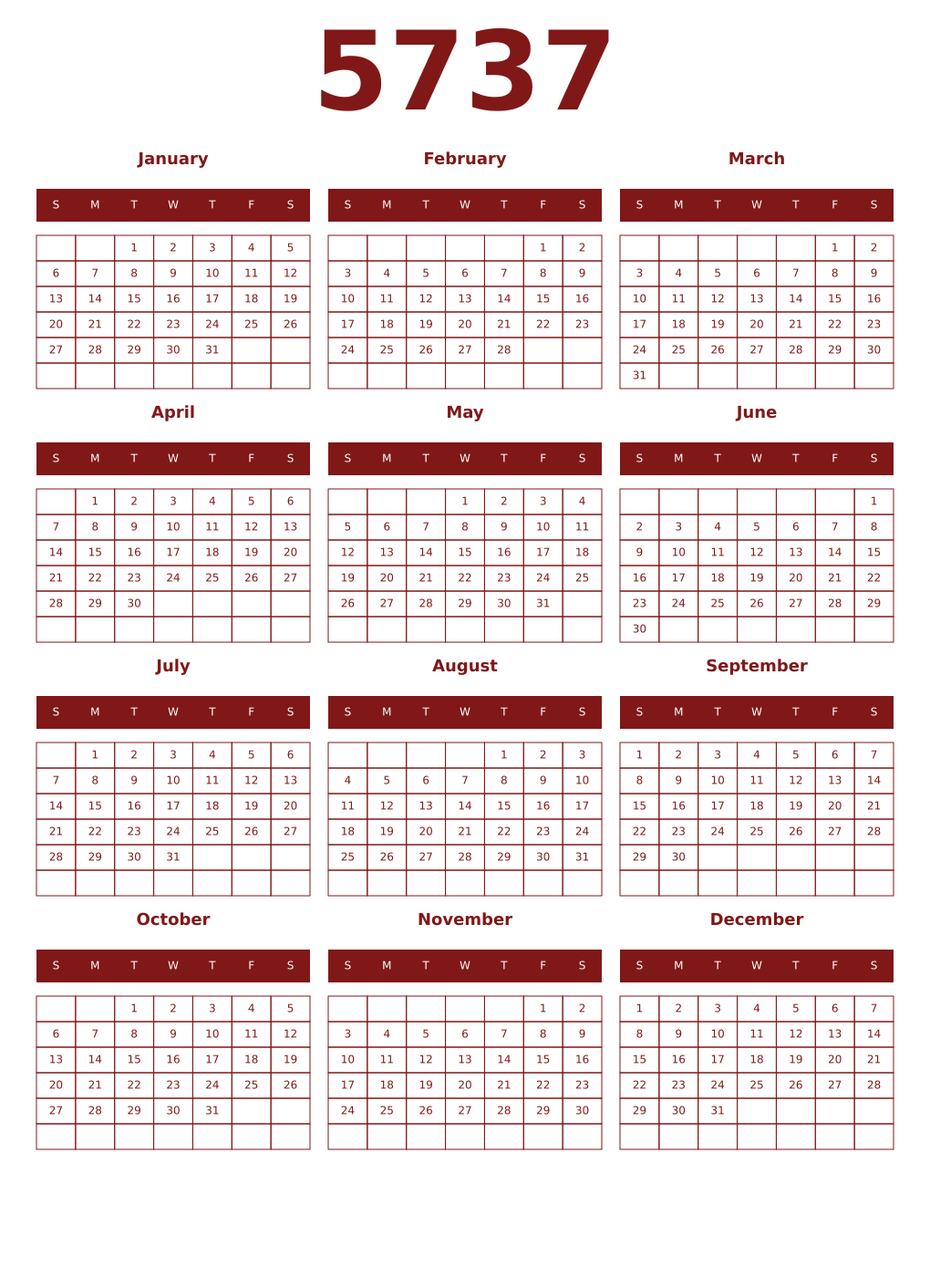 Printable 5737 Year Calendars falu