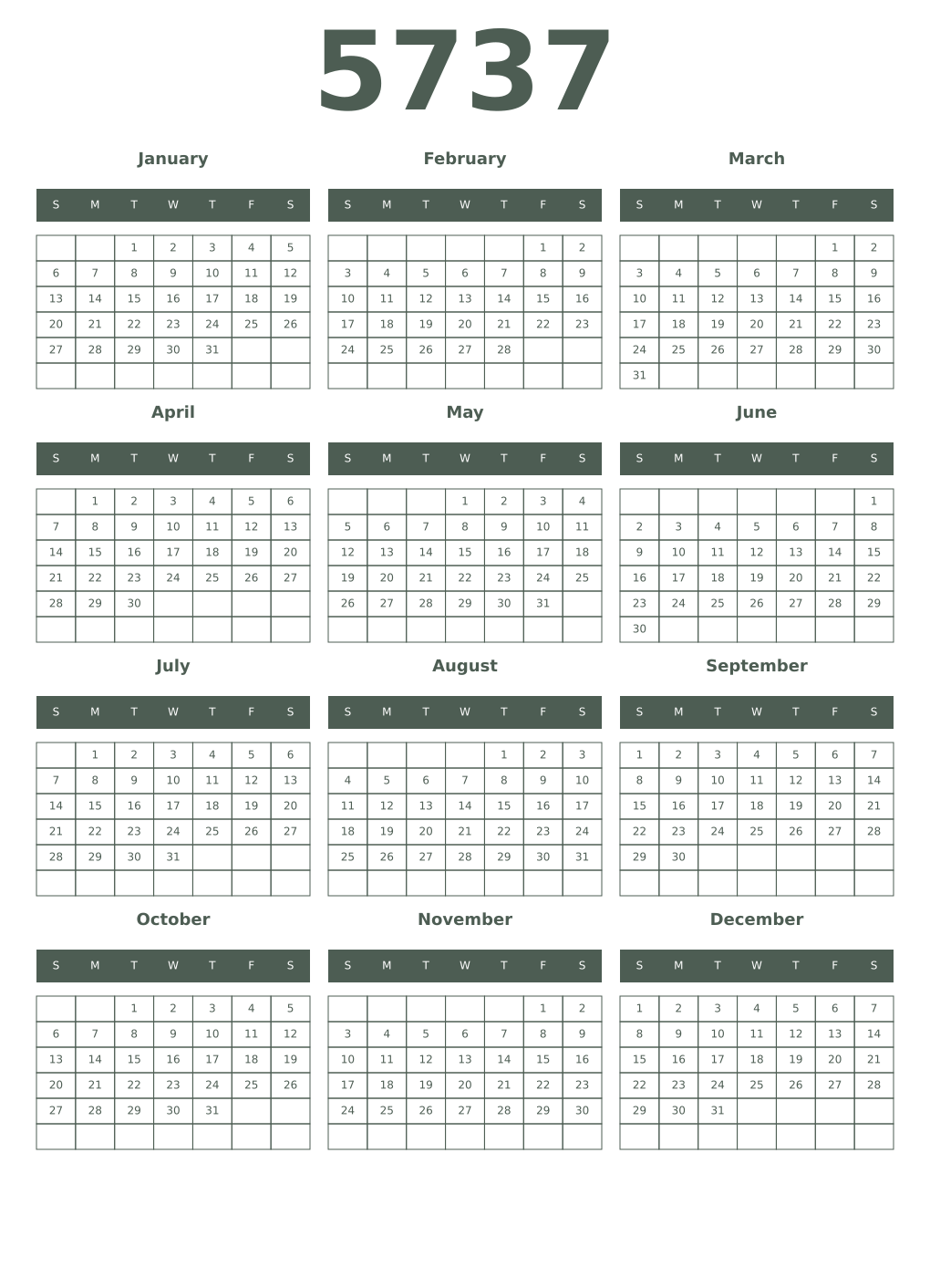 Printable 5737 Year Calendars feldgrau