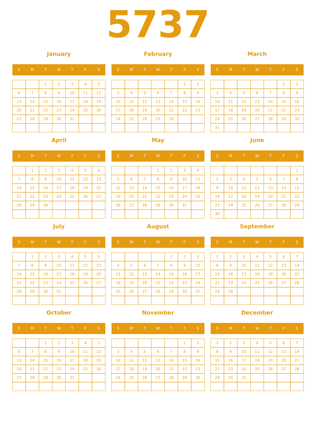 Printable 5737 Year Calendars gamboge