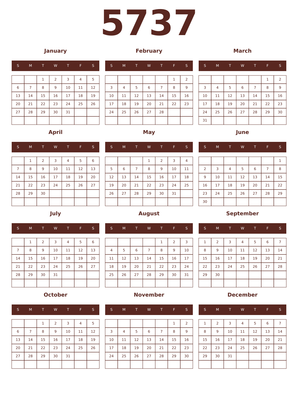 Printable 5737 Year Calendars mortuum