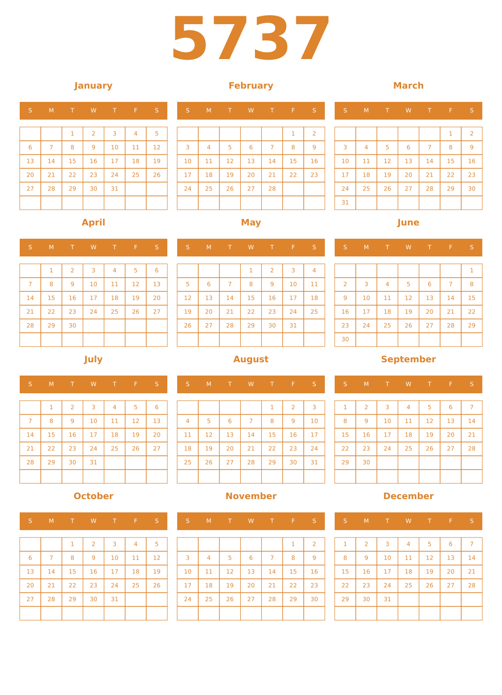 Printable 5737 Year Calendars orange