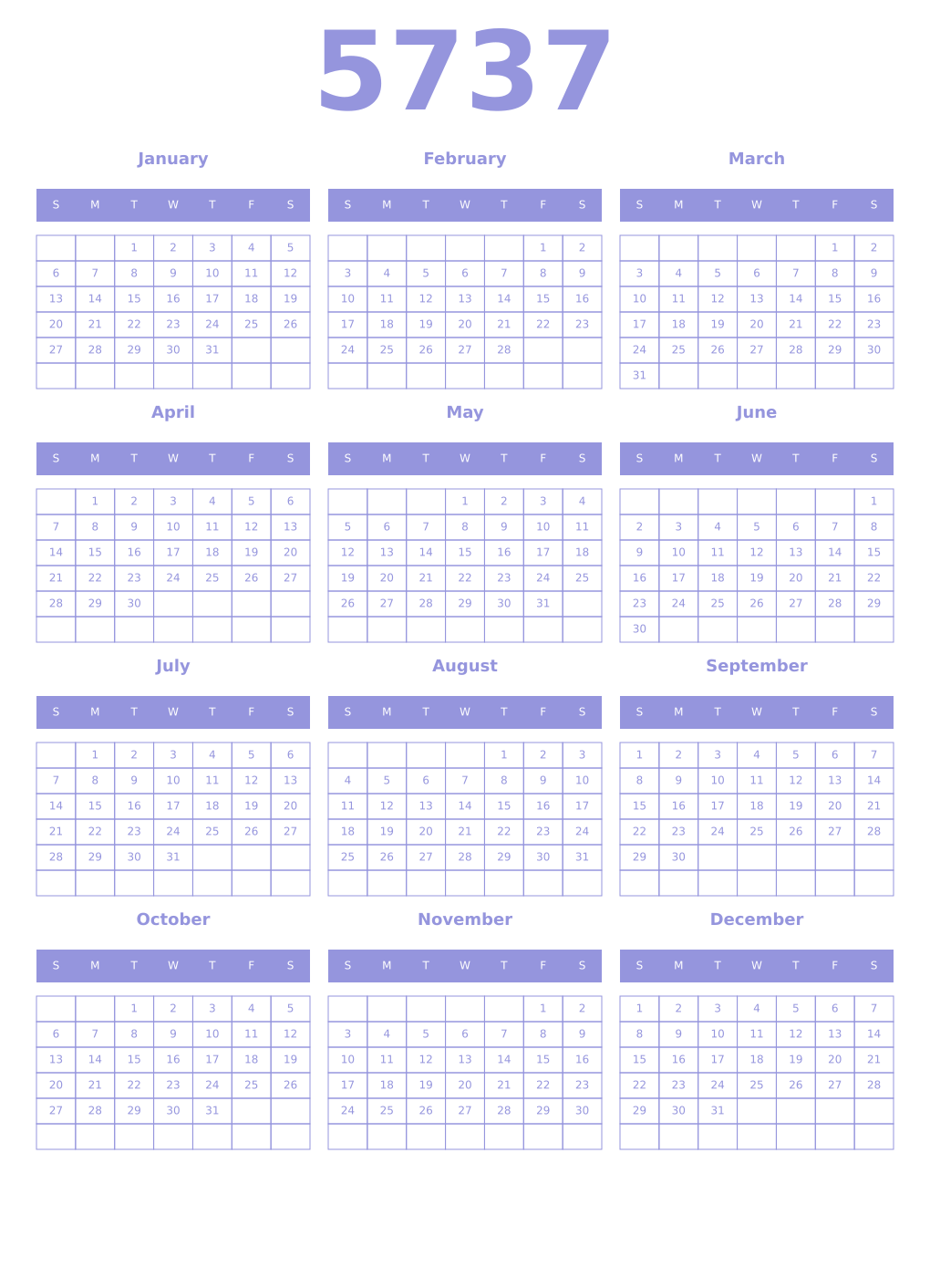 Printable 5737 Year Calendars periwinkle