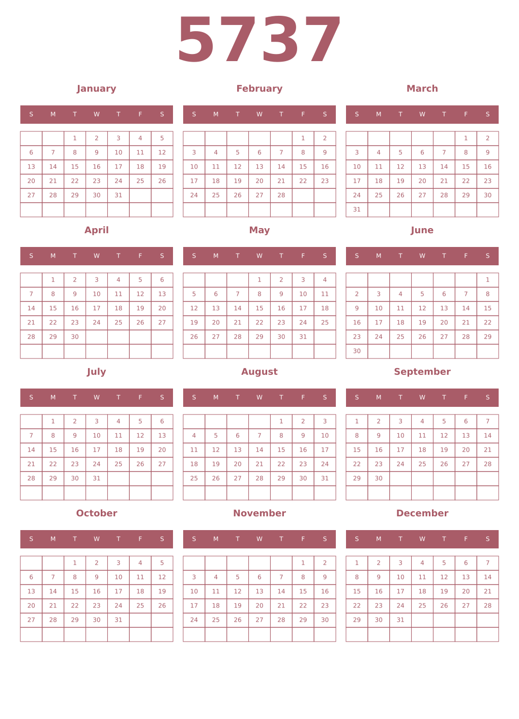 Printable 5737 Year Calendars puce
