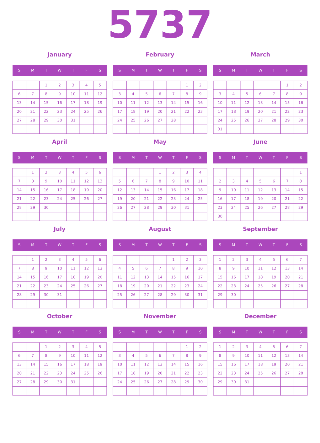Printable 5737 Year Calendars purple