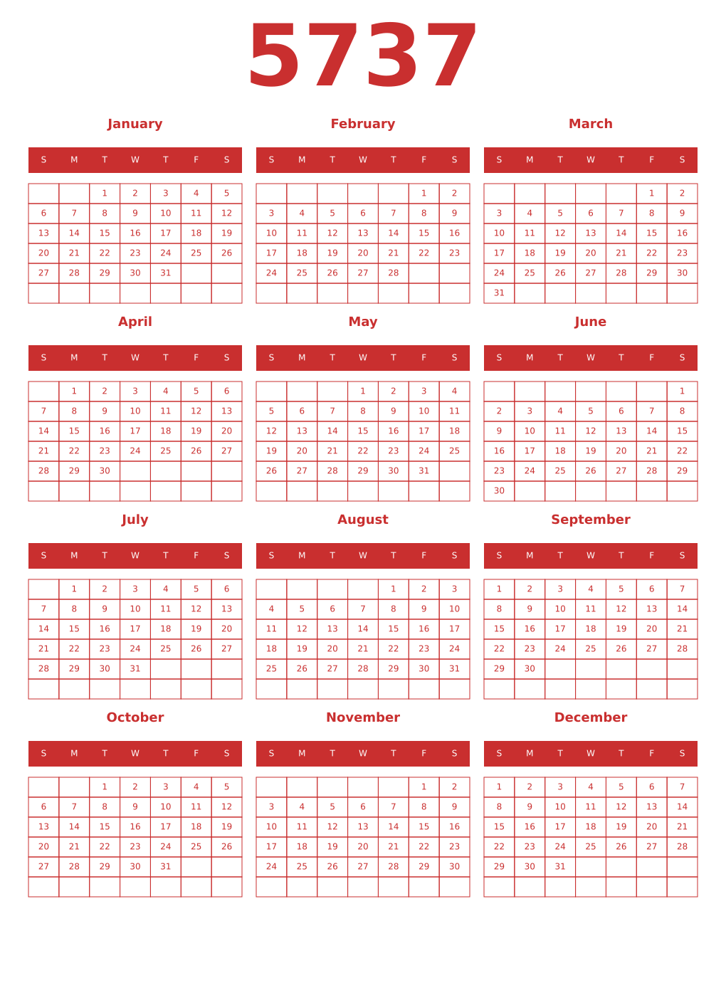Printable 5737 Year Calendars red
