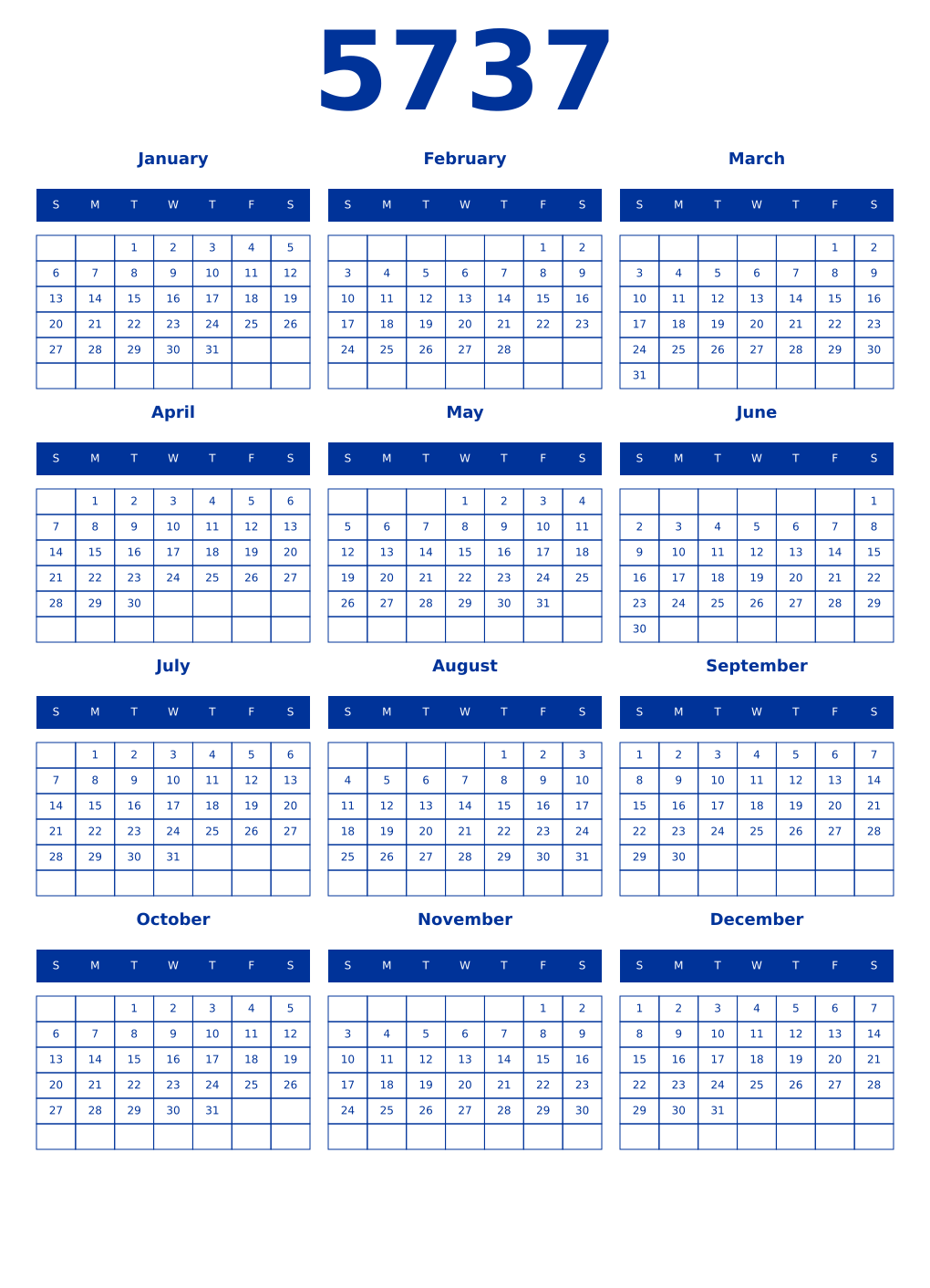 Printable 5737 Year Calendars smalt