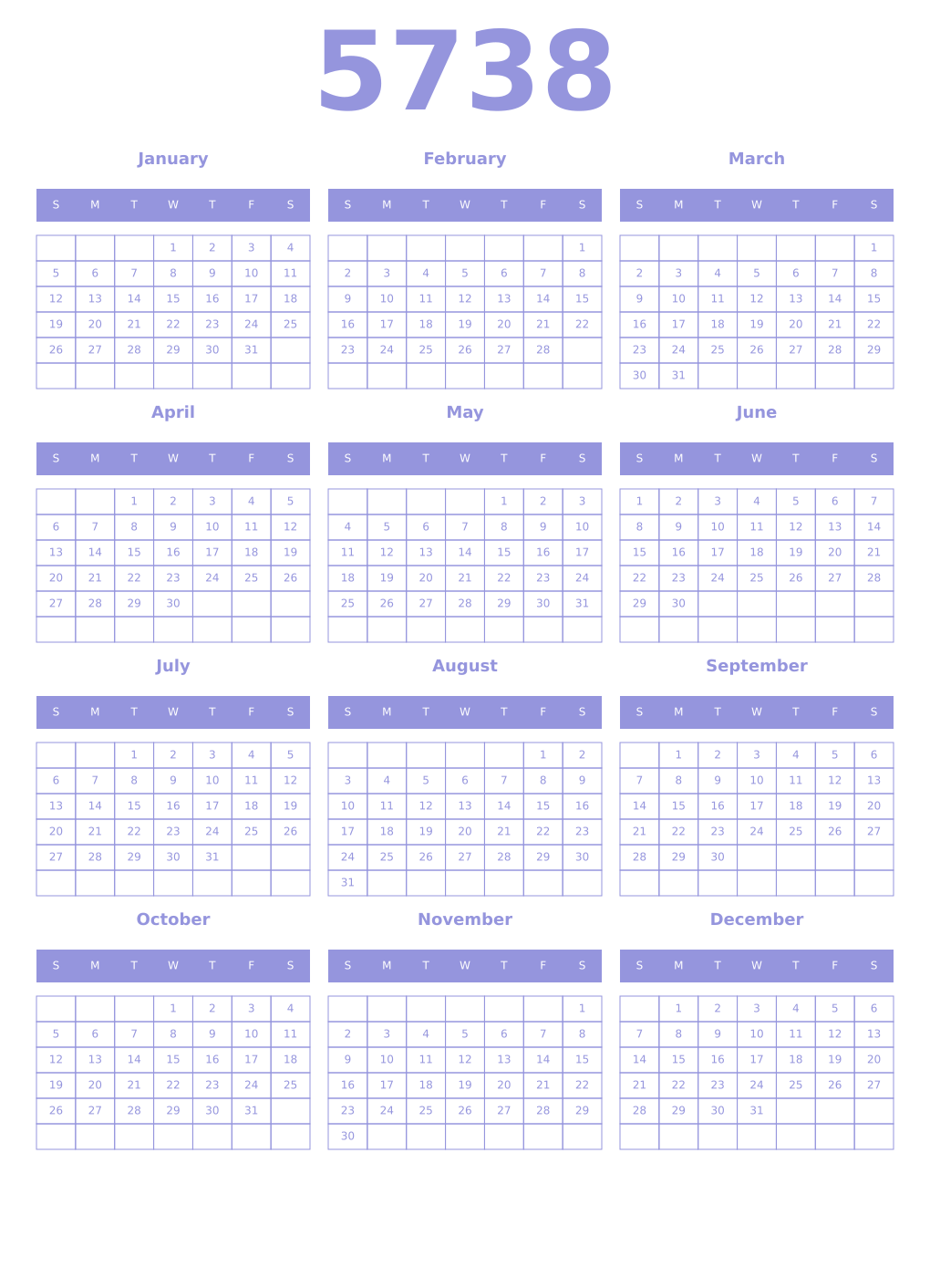 Printable 5738 Year Calendars periwinkle