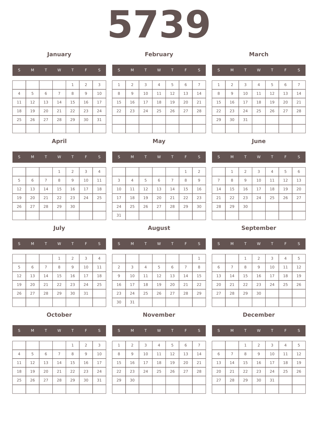 Printable 5739 Year Calendars wenge