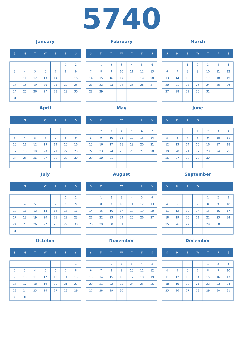 Printable 5740 Year Calendars blue