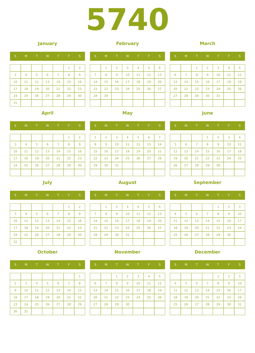 Printable 5740 Year Calendars chartreuse