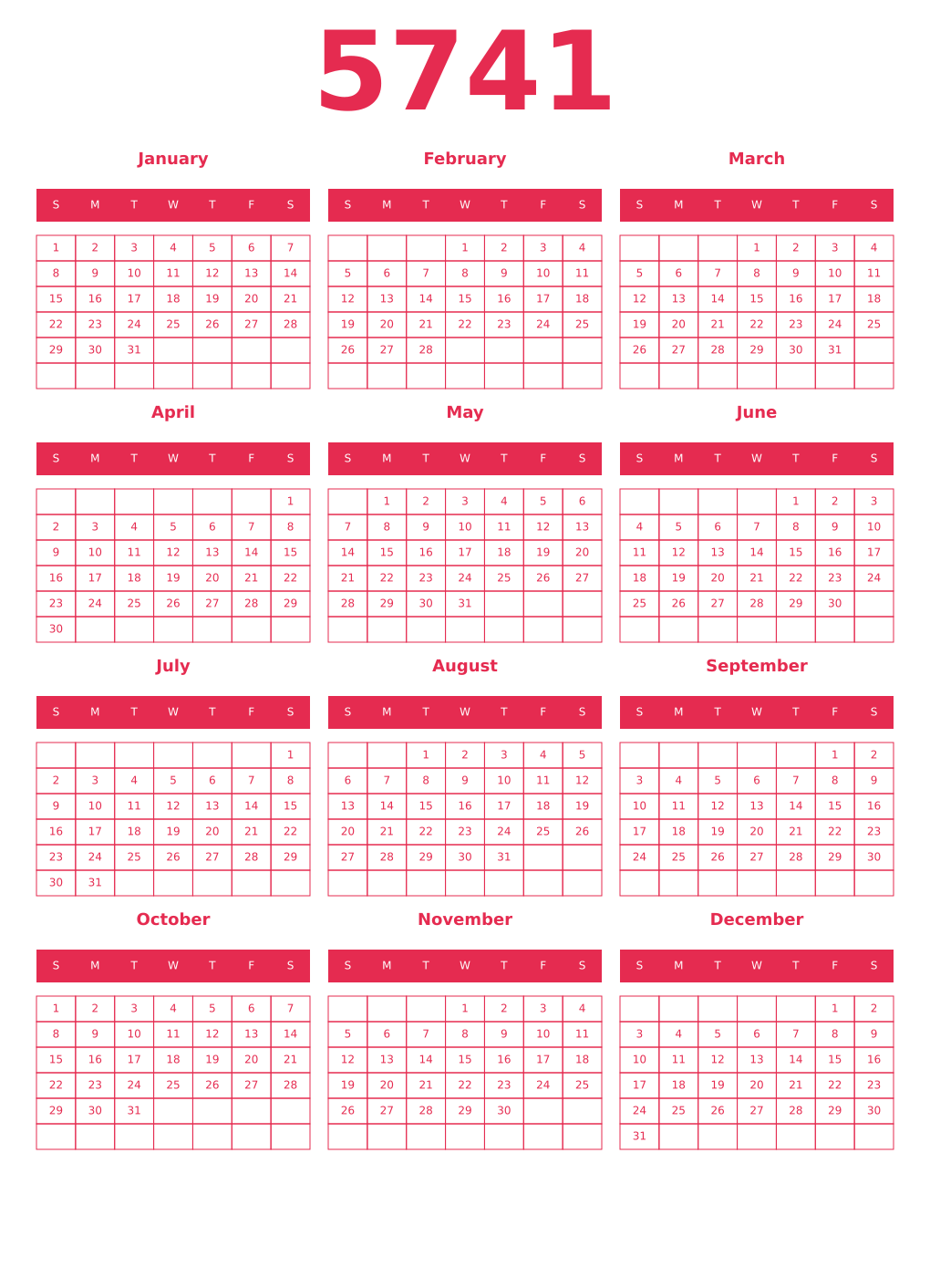 Printable 5741 Year Calendars amaranth