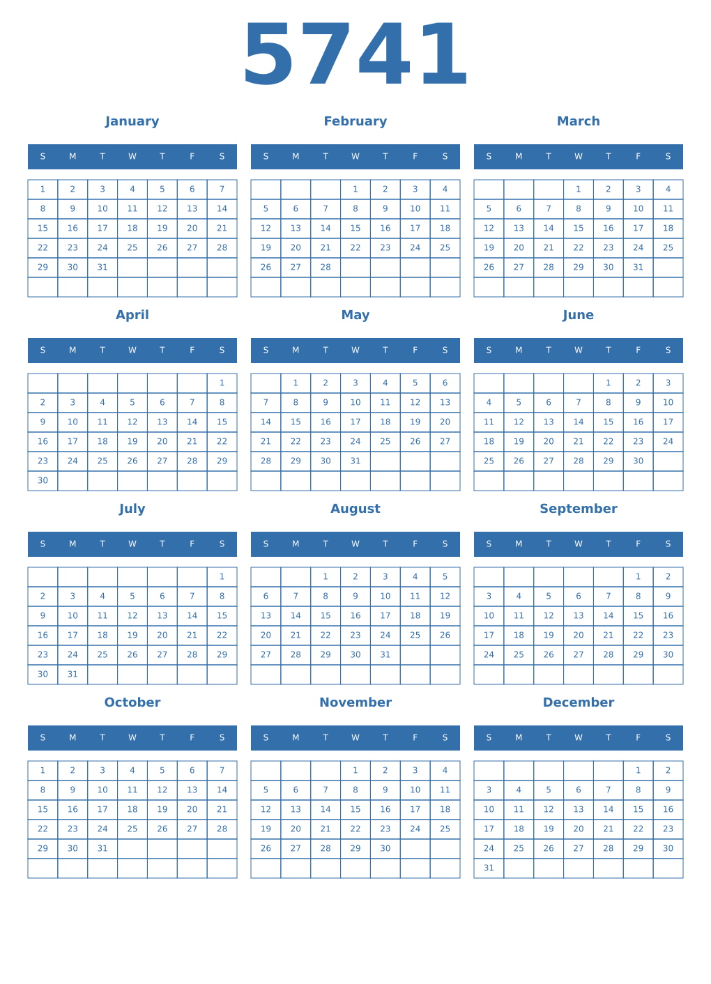Printable 5741 Year Calendars blue