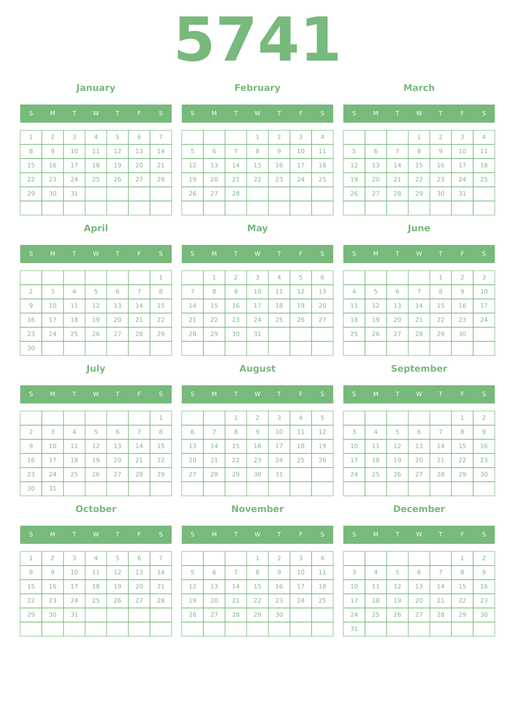 Printable 5741 Year Calendars celadon