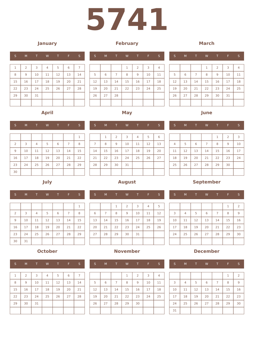 Printable 5741 Year Calendars coffe