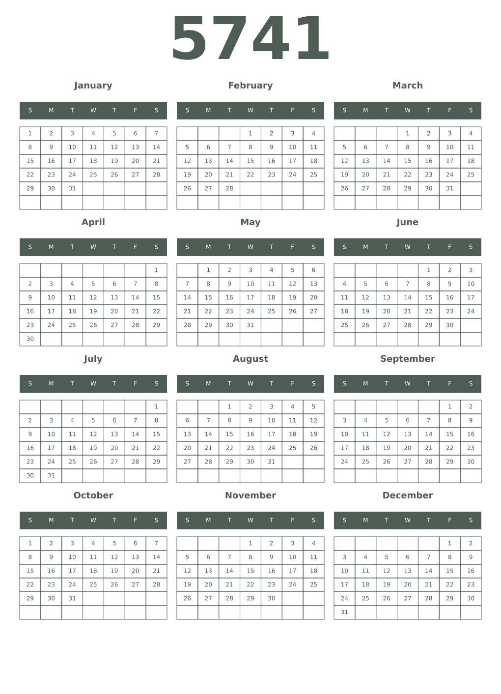 Printable 5741 Year Calendars feldgrau