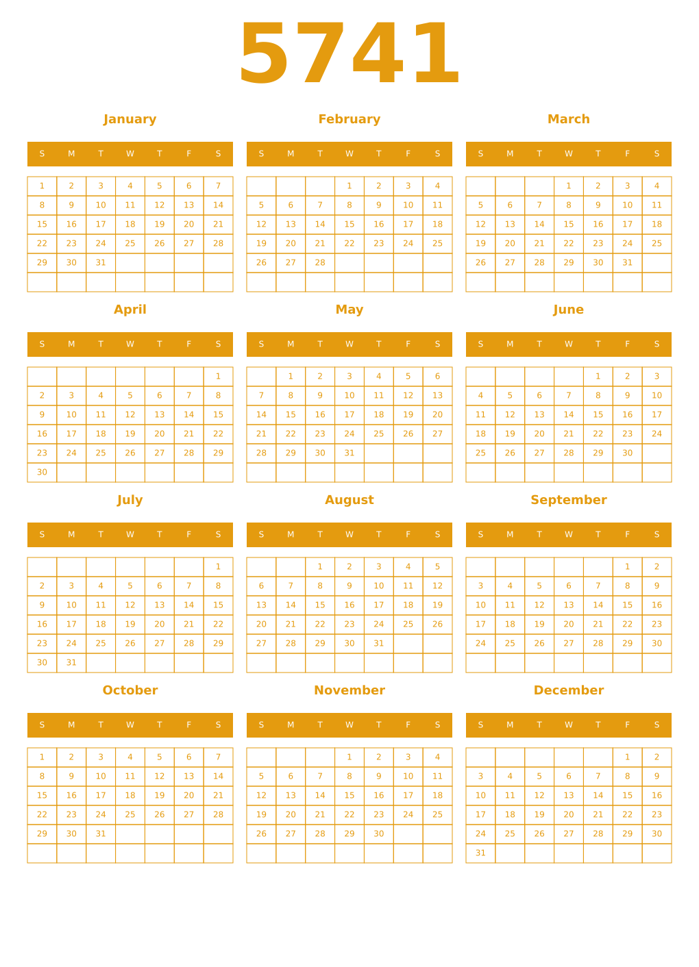Printable 5741 Year Calendars gamboge