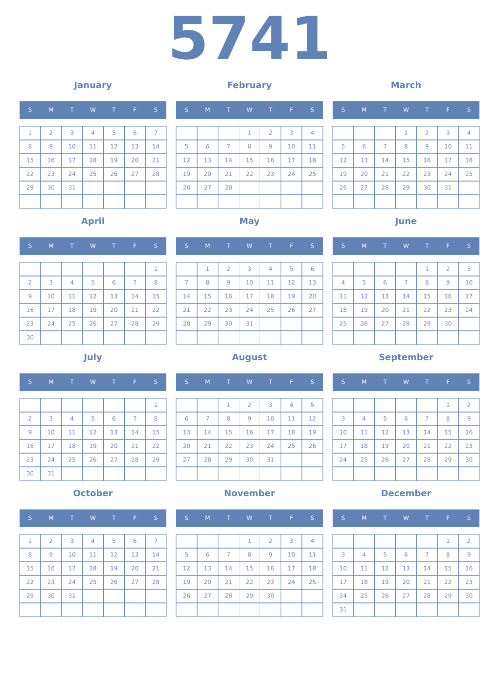 Printable 5741 Year Calendars glaucous