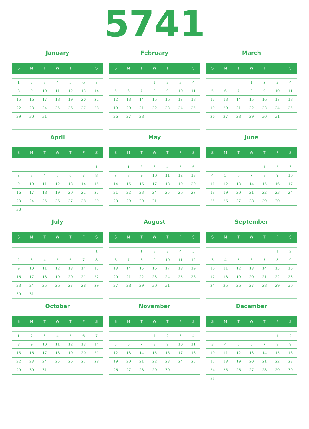Printable 5741 Year Calendars green