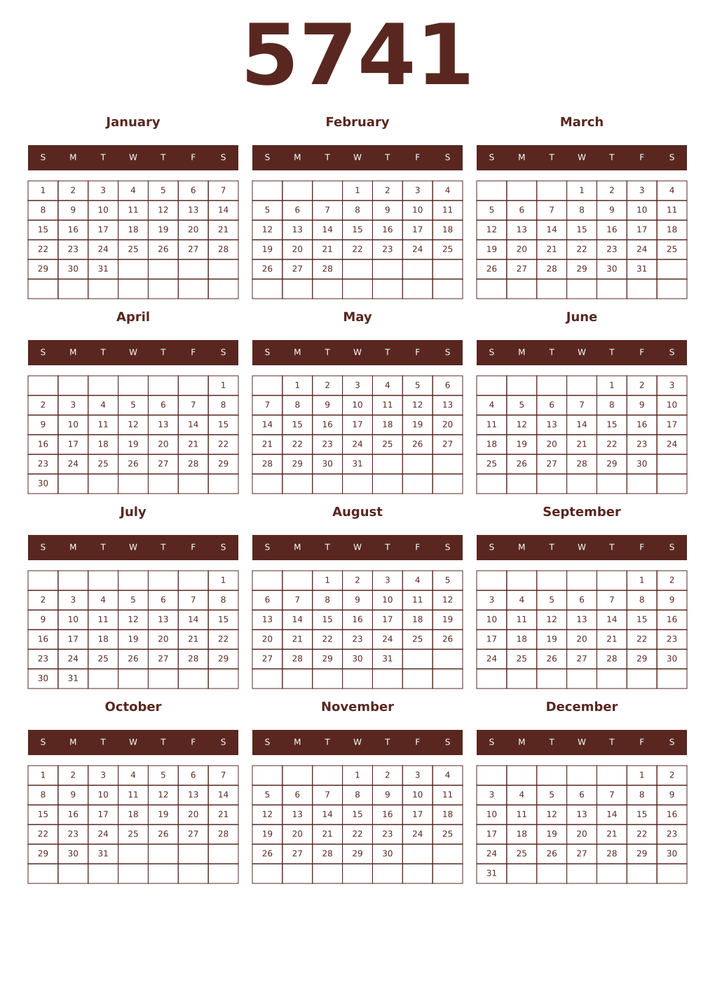Printable 5741 Year Calendars mortuum