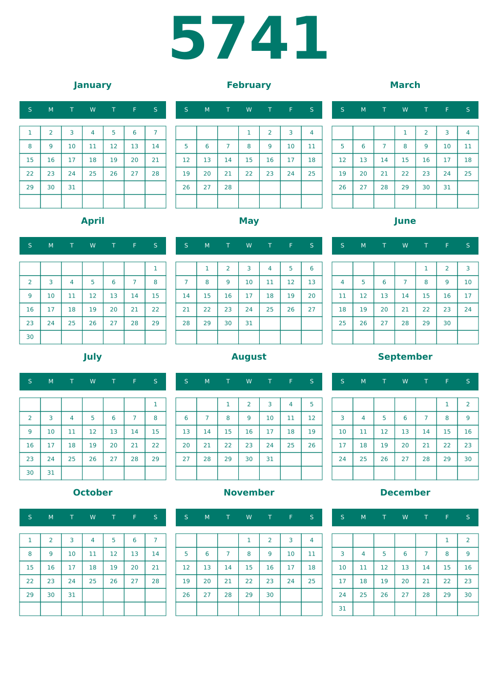 Printable 5741 Year Calendars pastel