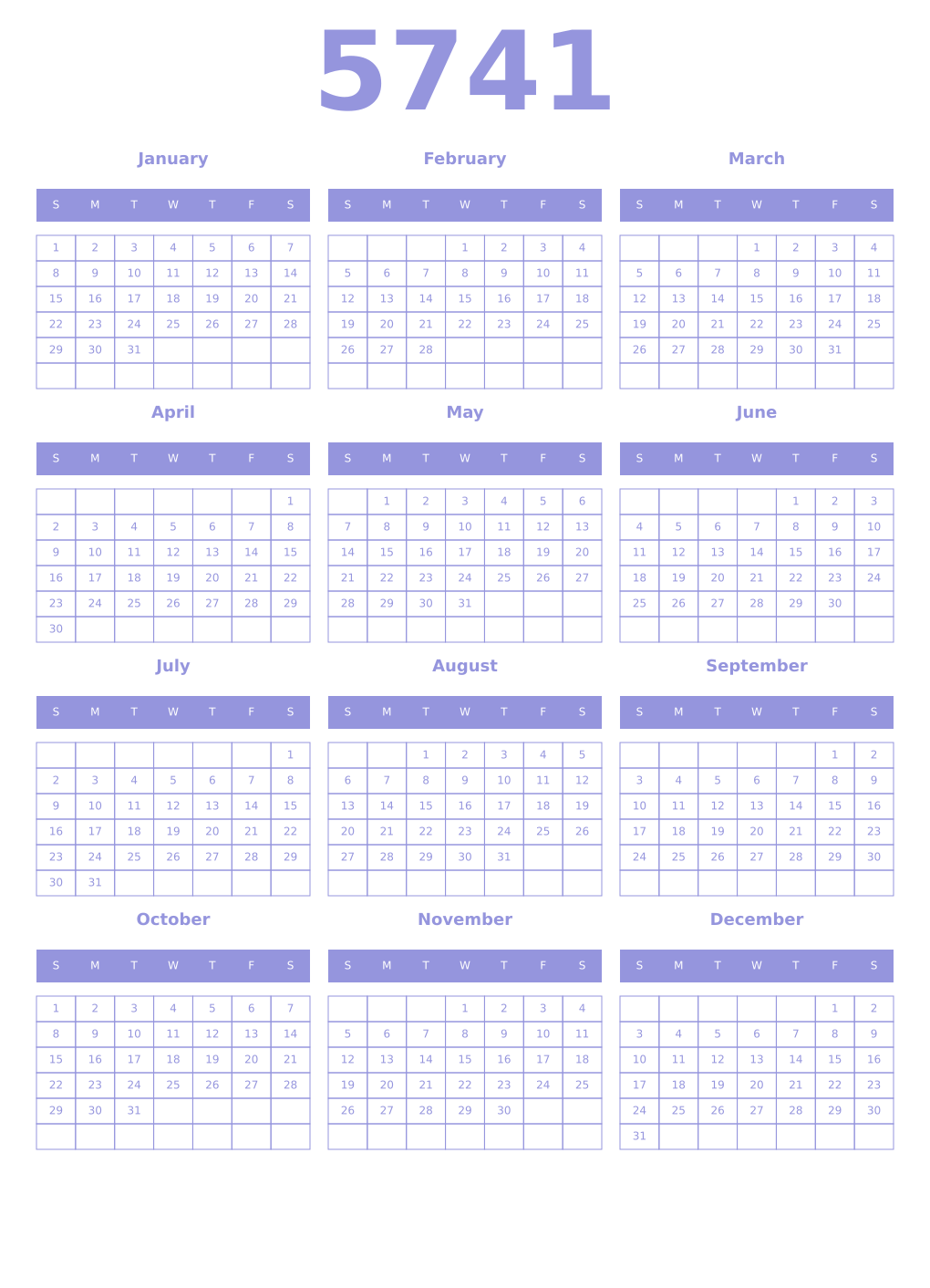 Printable 5741 Year Calendars periwinkle