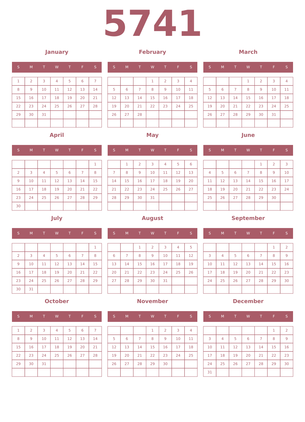 Printable 5741 Year Calendars puce