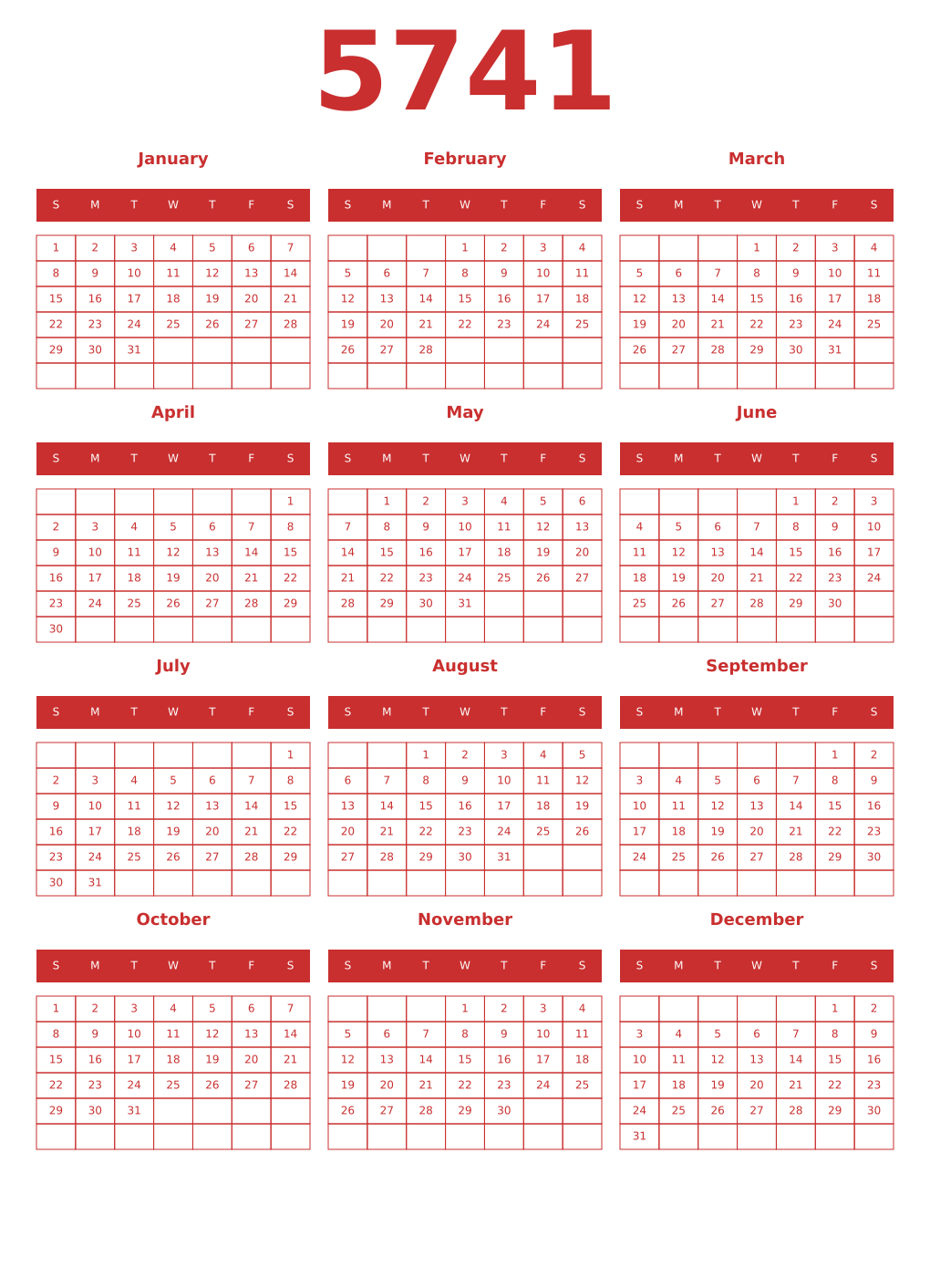 Printable 5741 Year Calendars red